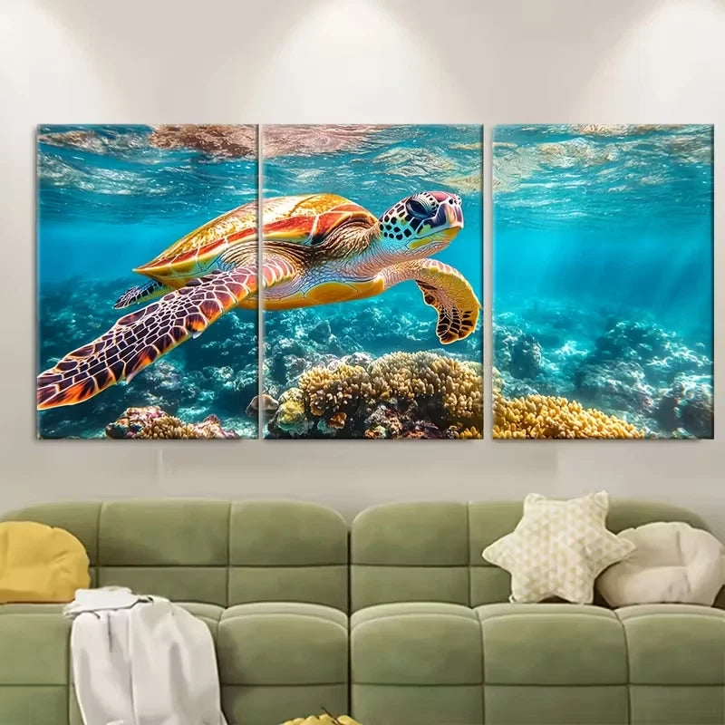 3pcs Turtle Swimming in Reef Islands Metal Print Ready to Hang Art
