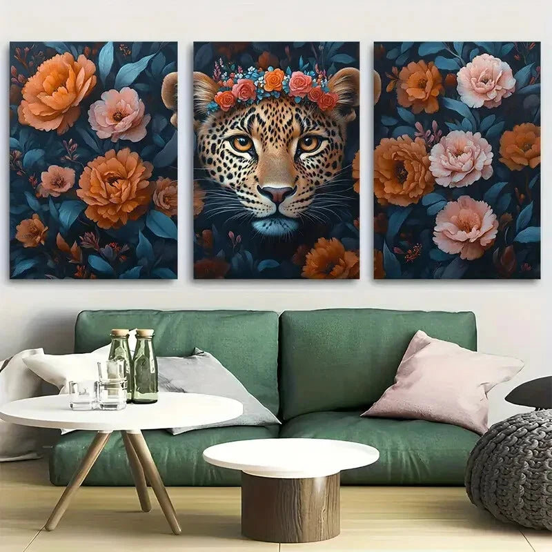 3pcs Leopard with Floral Crown Exotic Wildlife Metal Print Ready to Hang Art