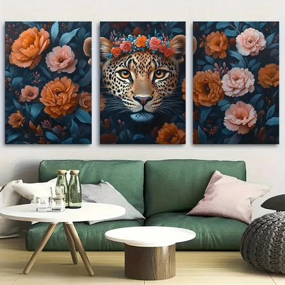 3pcs Leopard with Floral Crown Exotic Wildlife Metal Print Ready to Hang Art