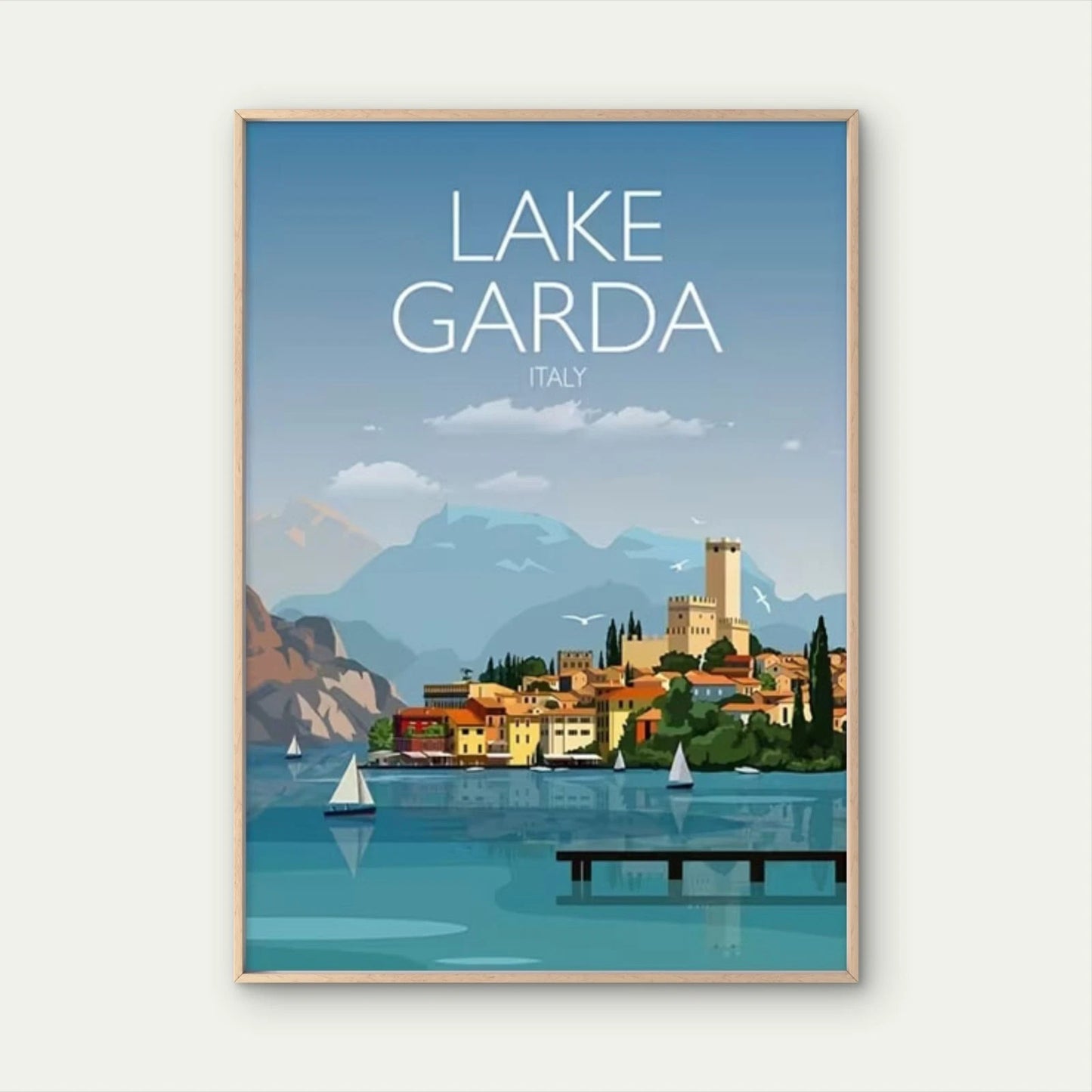 Lake Garda Italy Scenic Mountain & Town View Travel Poster Print Wall Art