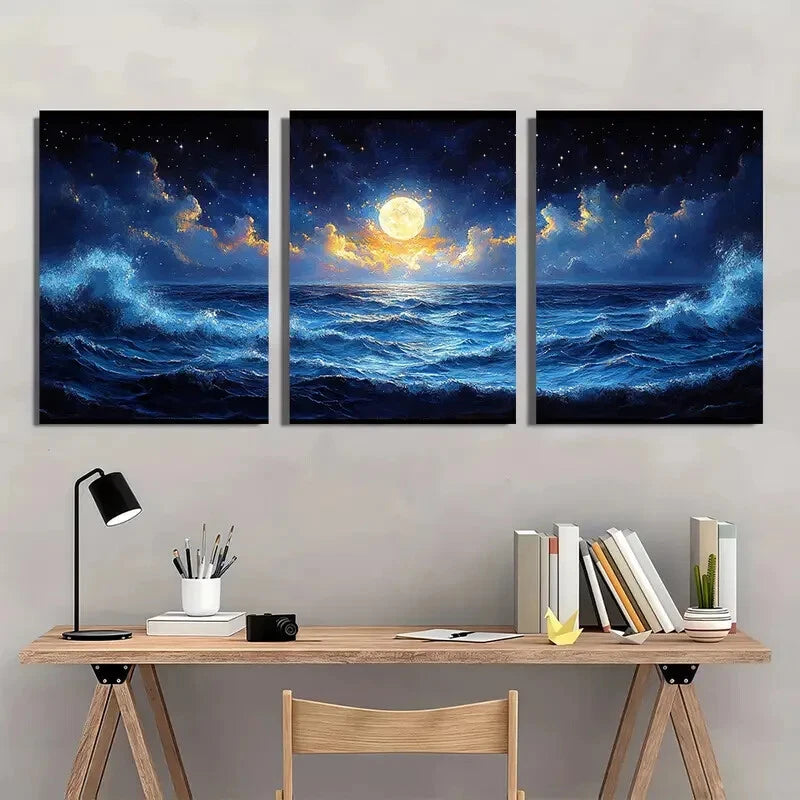 3pcs Deep Blue Sea Waves with Full Moon & Stars Metal Print Ready to Hang Art
