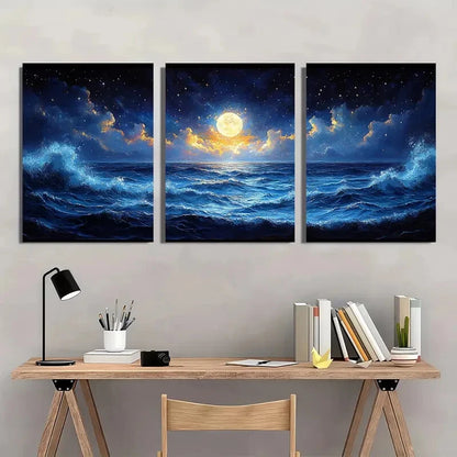 3pcs Deep Blue Sea Waves with Full Moon & Stars Metal Print Ready to Hang Art