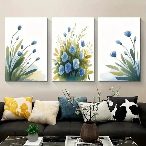 3pcs Blue Flowers & Green Leaves Wall Art Canvas Unframed - High Quality Print 100% Australian Made Wall Canvas