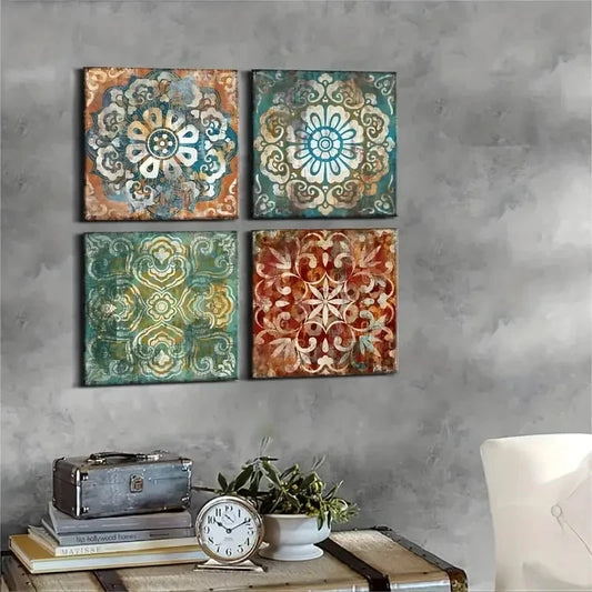 4pcs Vintage Flowers Pattern Wall Art Canvas Framed