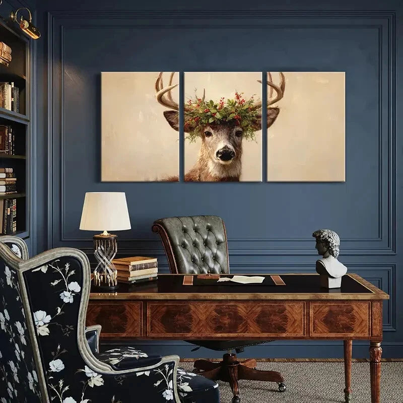 3pcs Artistic Deer Floral Crown Nature Metal Print Ready to Hang Art