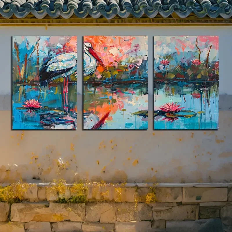 3pcs Storks Foraging in Swamp Water Metal Print Ready to Hang Art