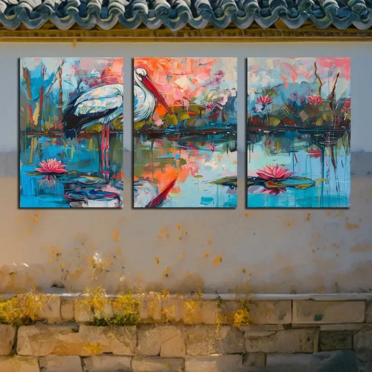 3pcs Storks Foraging in Swamp Water Metal Print Ready to Hang Art