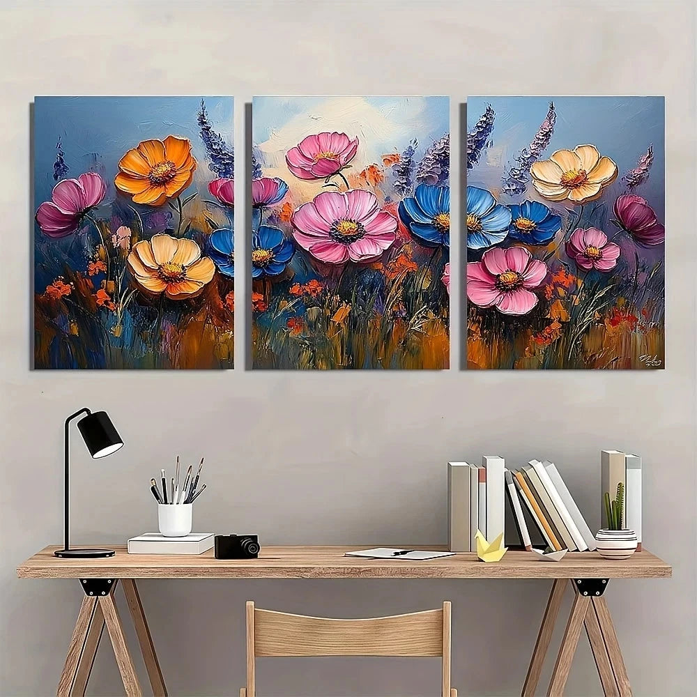 3pcs Vibrant Poppies Wildflowers & Lush Greenery Metal Print Ready to Hang Art