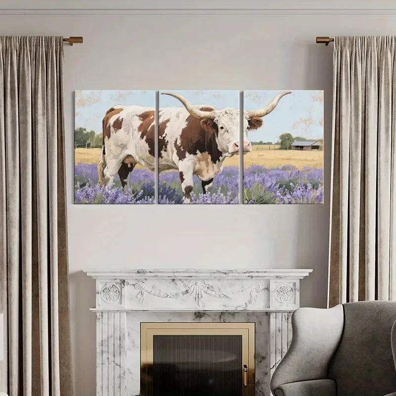 3pcs Pastoral Texas Longhorn Cow Purple Flowers Metal Print Ready to Hang Art