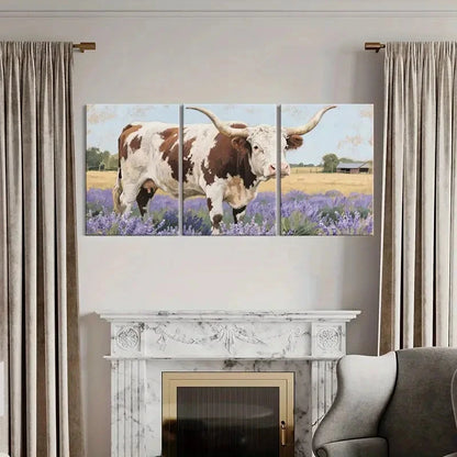3pcs Pastoral Texas Longhorn Cow Purple Flowers Metal Print Ready to Hang Art