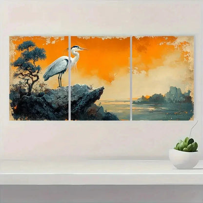 3pcs Heron Bird Animal Ukiyo e Style Japanese Metal Print Ready to Hang Art