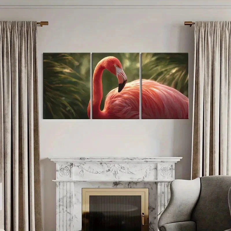 3pcs Artistic Flamingo Feather Tropical PalmDetail Metal Print Ready to Hang Art