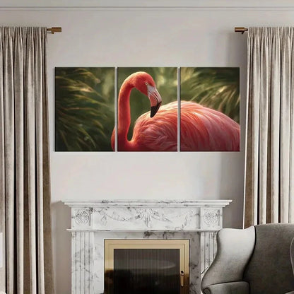 3pcs Artistic Flamingo Feather Tropical PalmDetail Metal Print Ready to Hang Art