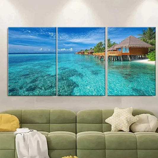 3pcs Villas Print Clear Water Skies F  Wall Art Set Canvas Framed 50x70cm - High Quality Print 100% Australian Made Wall Canvas Ready to Hang