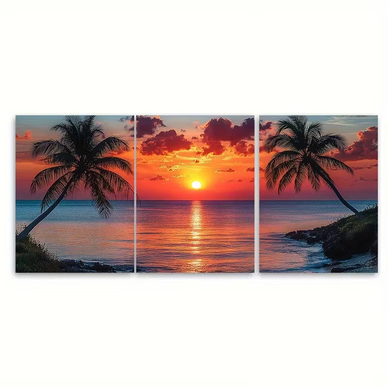 3pcs Tropical Sunset Palm Trees & Seascape Metal Print Ready to Hang Art