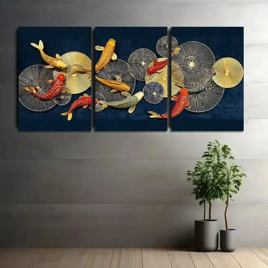 3pcs Golden Fish and for Lotus Leaves on Dark Blue Metal Print Ready to Hang Art