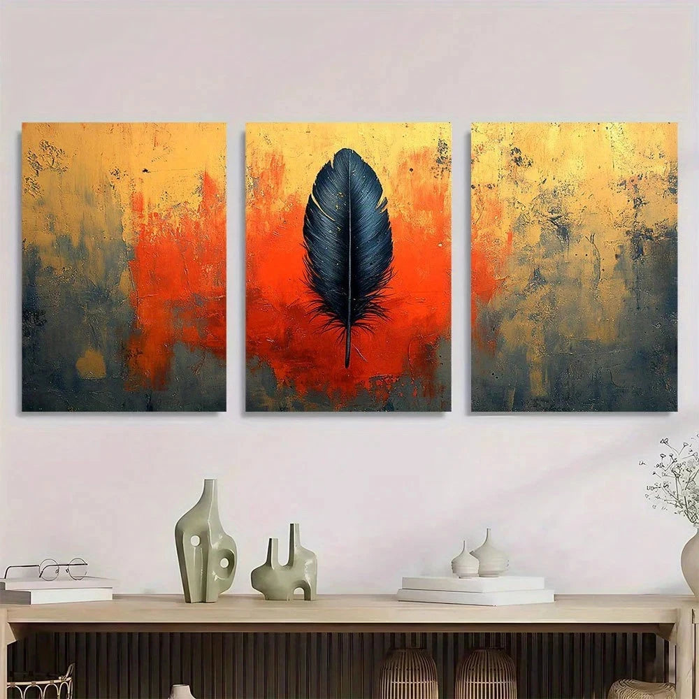 3pcs Red & Orange Feather Design Boho Metal Print Ready to Hang Art