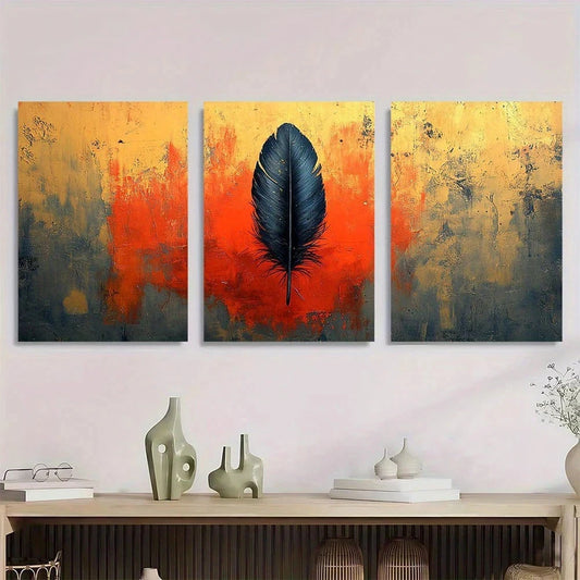 3pcs Red & Orange Feather Design Boho Metal Print Ready to Hang Art