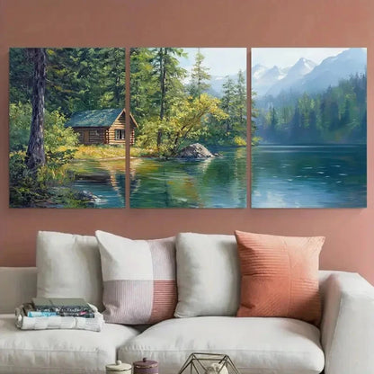 3pcs Lake Quinault Forest Lake Cabin Landscape Metal Print Ready to Hang Art