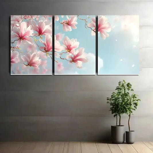 3pcs Pink Magnolia Flowers in Sky Springtime Scene Metal Print Ready to Hang Art