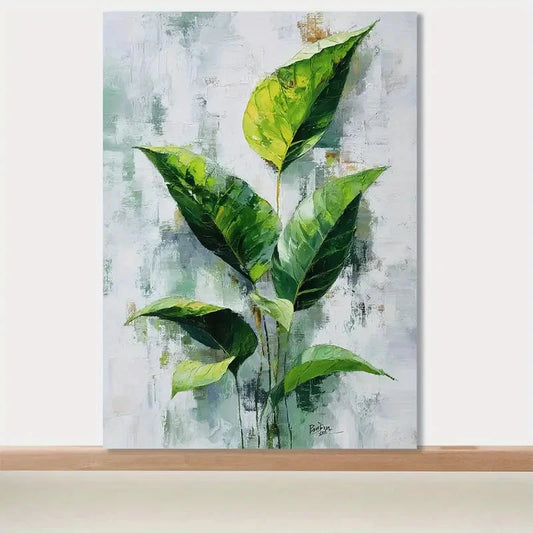 Minimalist Leaf Design In Green Painting 40x60cm Metal Print Ready to Hang