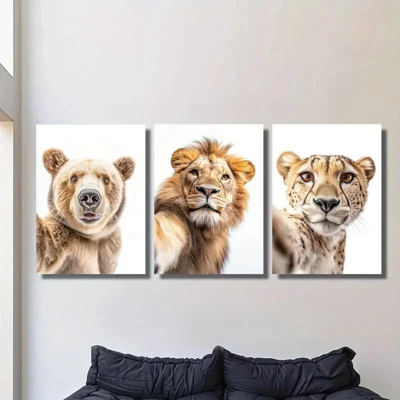 3pcs Animal Portraits of Bears, Lions, Leopards Metal Print Ready to Hang Art