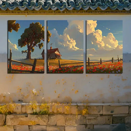 3pcs Vibrant Log Cabin with Floral and Cloud View Metal Print Ready to Hang Art