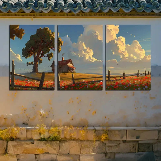 3pcs Vibrant Log Cabin with Floral and Cloud View Metal Print Ready to Hang Art