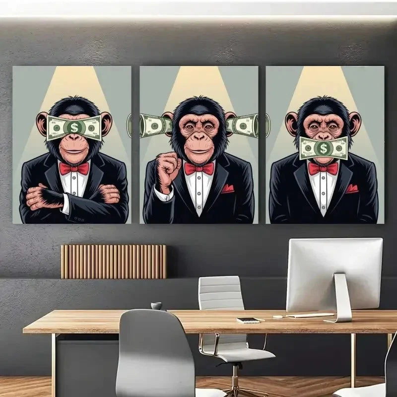 3pcs Monkey Money Tuxedo Animal Illustration Metal Print Ready to Hang Art
