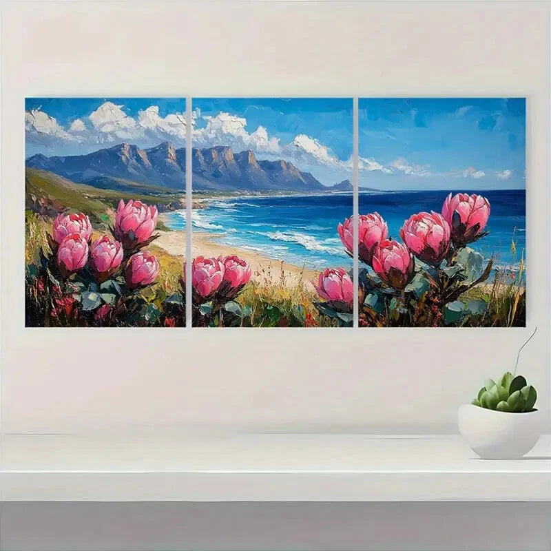 3pcs Vibrant Protea Flowers & Beach Scene Metal Print Ready to Hang Art