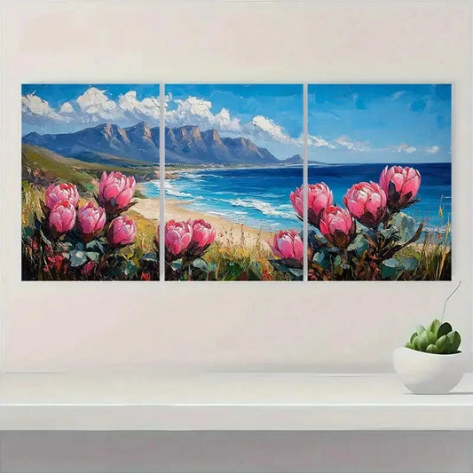 3pcs Vibrant Protea Flowers & Beach Scene Metal Print Ready to Hang Art