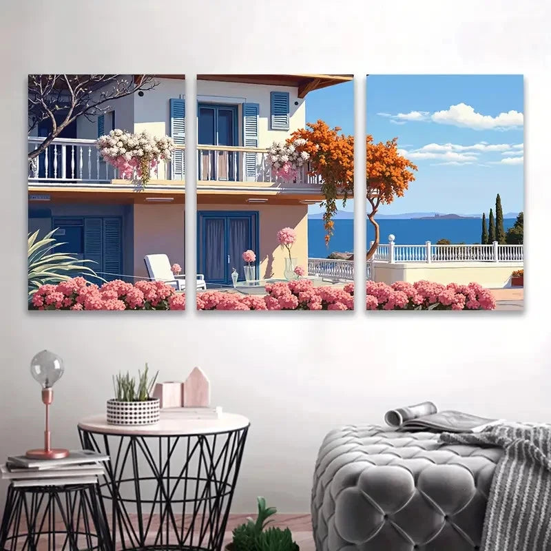 3pcs Floral House With Coastal Scenery Wall Art Set Canvas Framed 50x70cm - High Quality Print 100% Australian Made Wall Canvas Ready to Hang