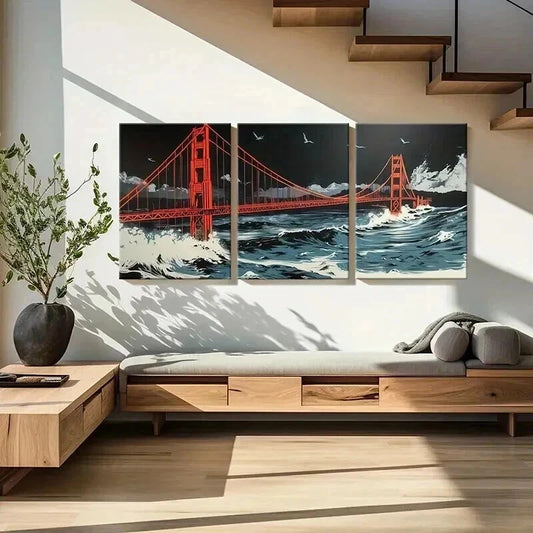 3pcs Golden Gate Bridge Stormy Sea Night Sky Metal Print Ready to Hang Art