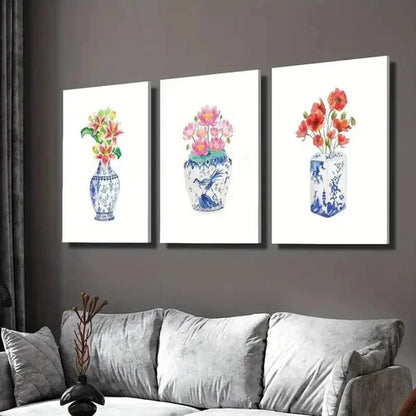 3pcs Watercolor Flowers in Chinoiseries Vase Wall Art Set Canvas Unframed - High Quality Print 100% Australian Made Wall Canvas