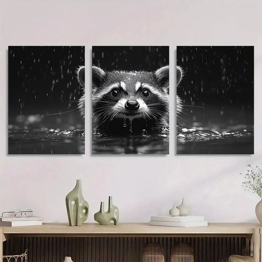 3pcs Black and White Raccoon Rainy Night Scene Metal Print Ready to Hang Art