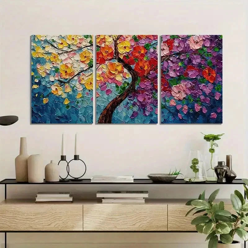 3pcs Colorful Flowers on a Tree in Impasto Metal Print Ready to Hang Art