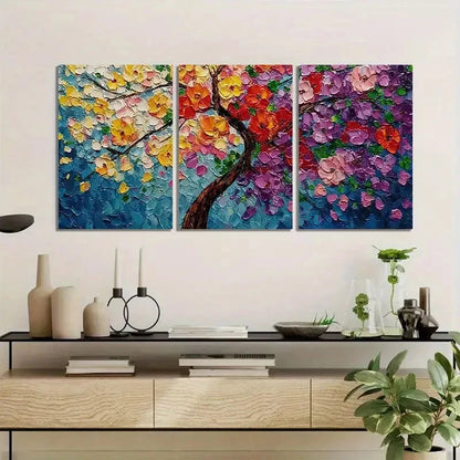 3pcs Colorful Flowers on a Tree in Impasto Metal Print Ready to Hang Art