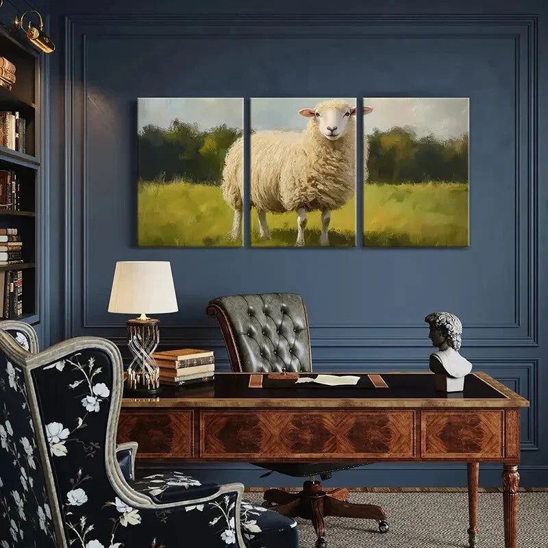 3pcs Artistic Sheep Painting Pastoral Scene Metal Print Ready to Hang Art