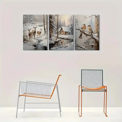 3pcs Snowy Forest Scene with Deer Birds and Cabin Metal Print Ready to Hang Art