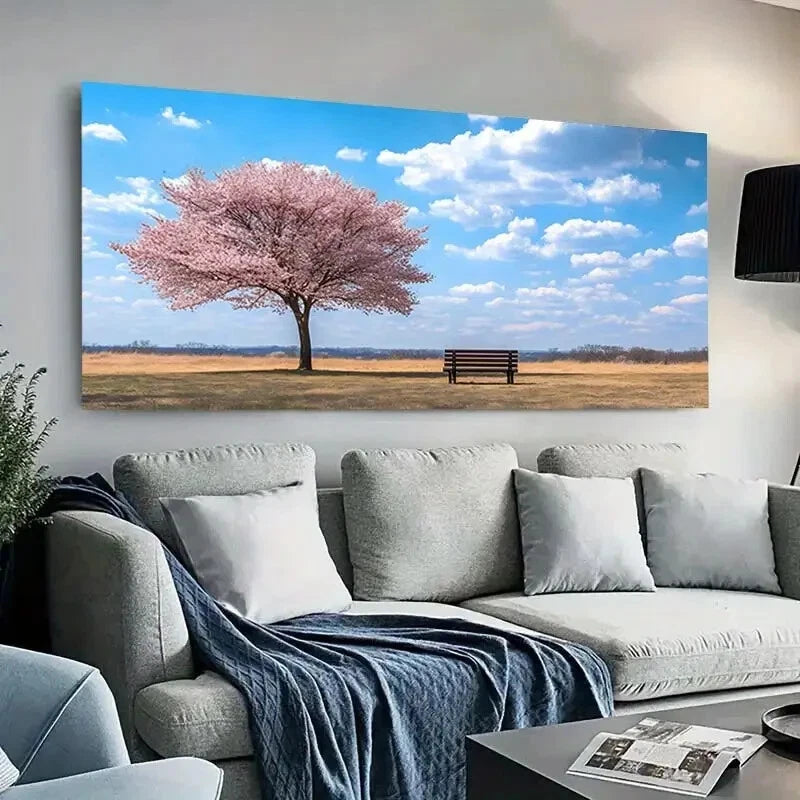 Cherry Blossom Bench Sky wall canvas office home room framed 120x60cm - Bella Home Decor