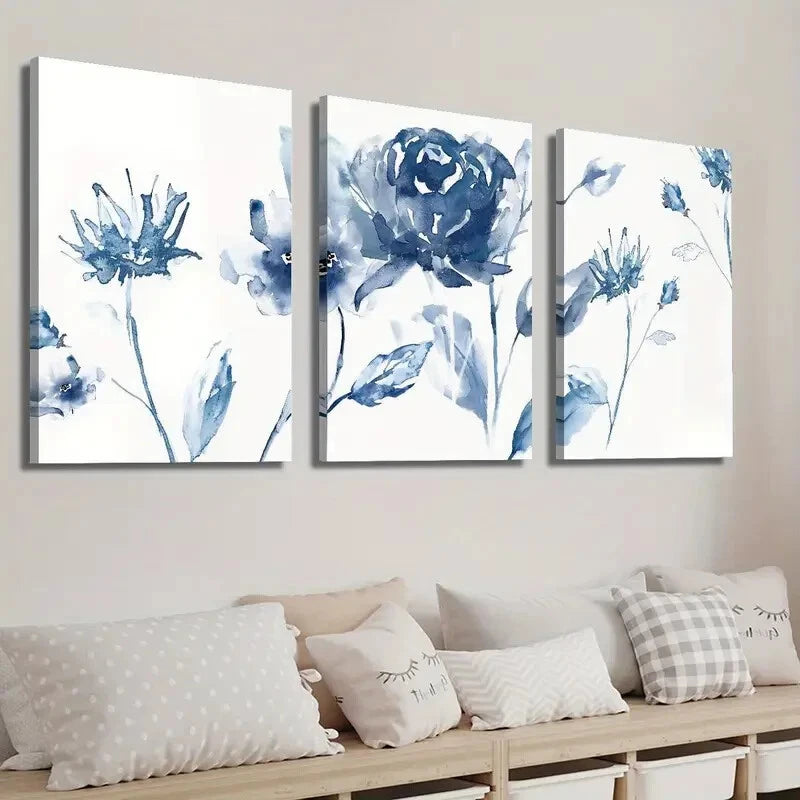 3pcs Elegant and Simple Blue Flowers Wall Art Set Canvas Framed 40x60c