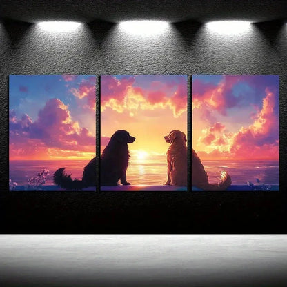 3pcs Two Dogs Sit on The Edge of Rainbow Bridge Metal Print Ready to Hang Art