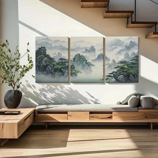 3pcs Mountain Tree Fog & Nature Landscape Wall Art Set Canvas Framed 40x60cm - High Quality Print 100% Australian Made Wall Canvas Ready to Hang