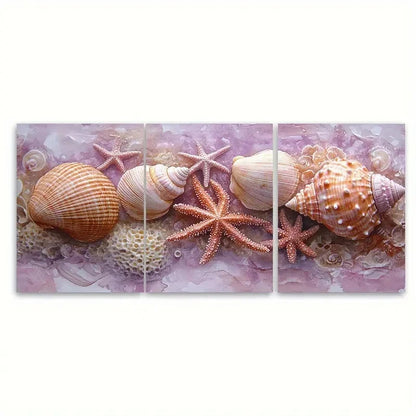 3pcs Delicate Sea Shell Coral Starfish Wall Art Set Canvas Framed 40x60cm - High Quality Print 100% Australian Made Wall Canvas Ready to Hang