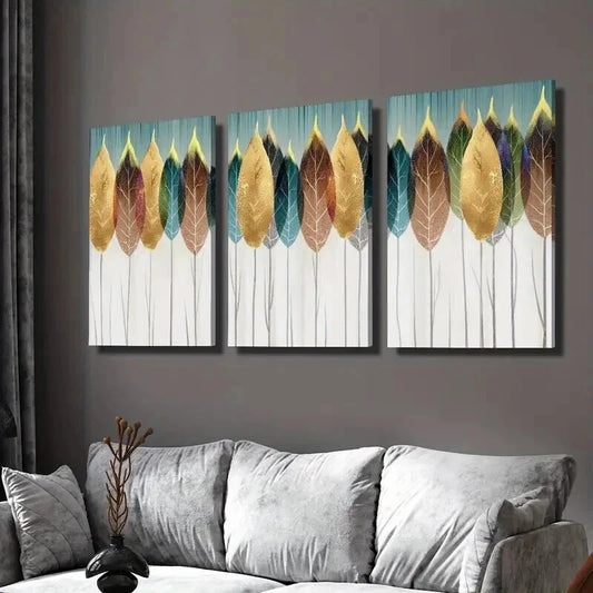 3pcs Aesthetic Gold Blue Red Leaf Design Wall Art Set Canvas Framed 40x60cm - High Quality Print 100% Australian Made Wall Canvas Ready to Hang