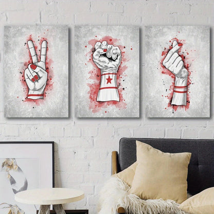 3pcs Abstract Retro Grey and Red Fist Metal Print Ready to Hang Art