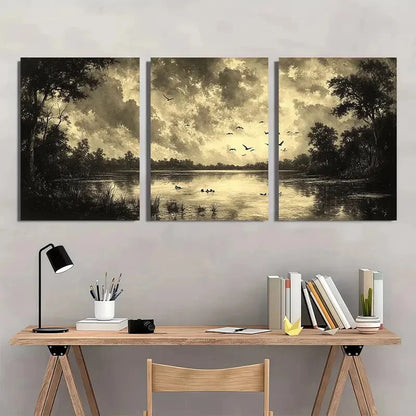 3pcs Vintage Birds by Pond Rustic Nature Metal Print Ready to Hang Art