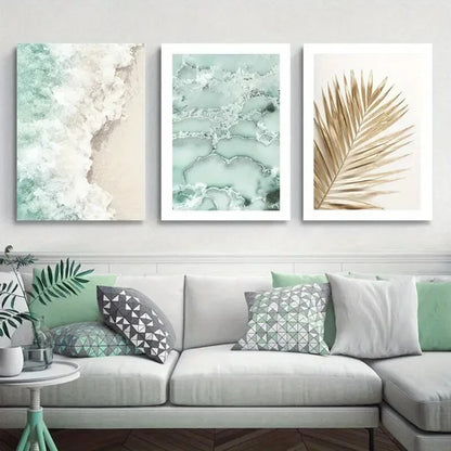 3pcs Abstract Green Marble & Golden Palm Leaf Metal Print Ready to Hang Art