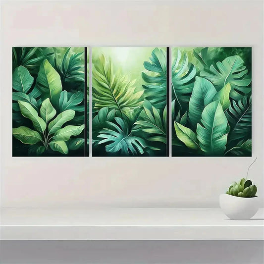 3pcs Pastel Green Tropical Leaves Illustrations Metal Print Ready to Hang Art