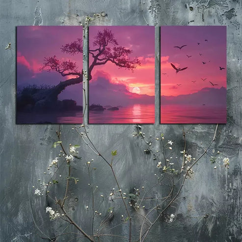3pcs Cherry Blossoms By A Lake Canvas Framed 60x90cm - High Quality Print 100% Australian Made Wall Canvas Ready to Hang